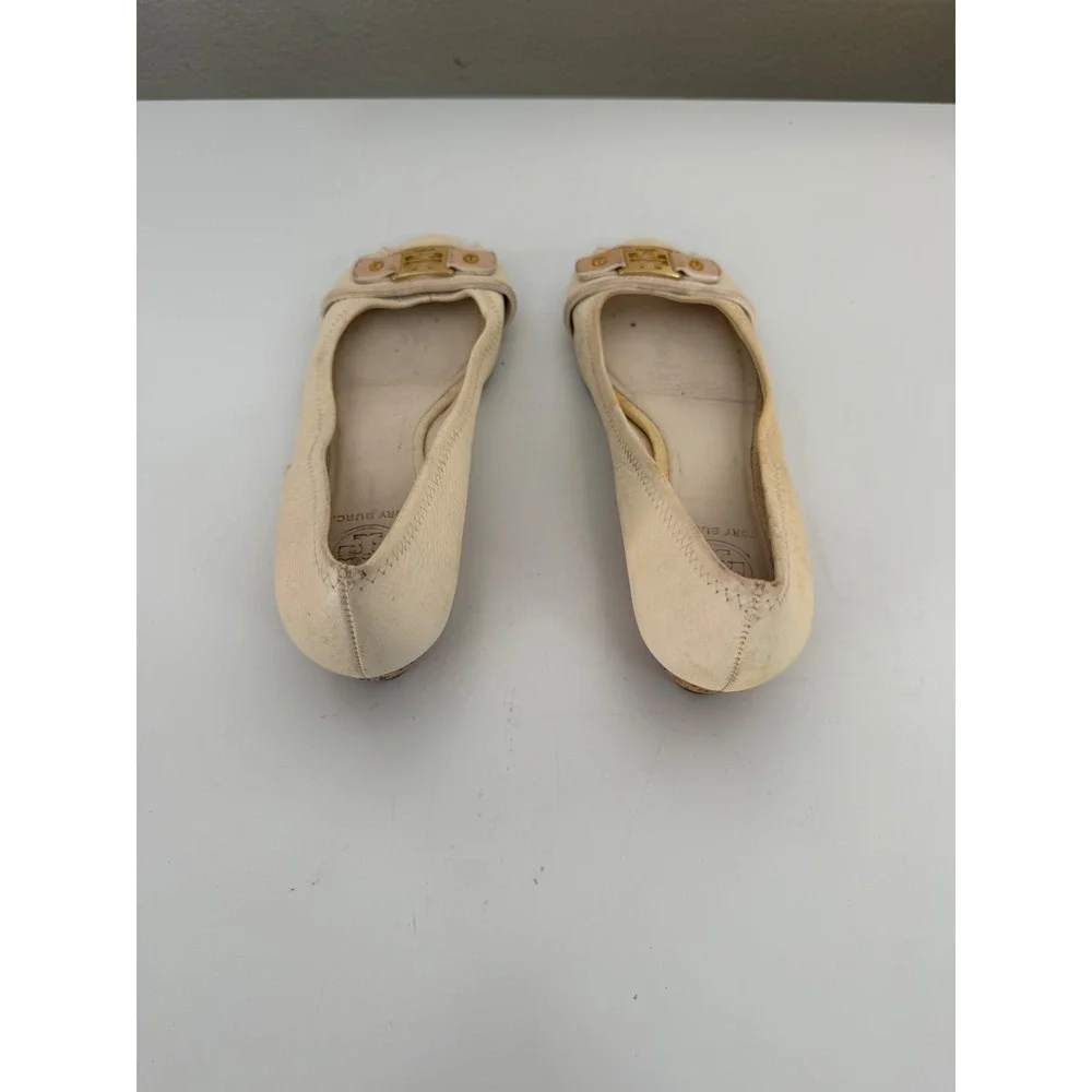 Tory Burch Cream Leather Peep Toe Cork Wedge Heels Gold Reva Logo Size 9.5 Flaw